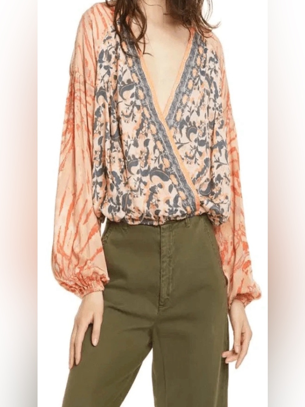 Free People Cruisin Together Peach Pink Gray Floral Faux Wrap Blouse BOHO
